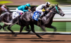 May 04, 2017; Santa Anita, CA, ; Jockey Modesto Linares (R) riding Demigoddess (3) pulls ahead of the other racehorses to win. Photo by Jay Anderson / Sports Shooter Academy